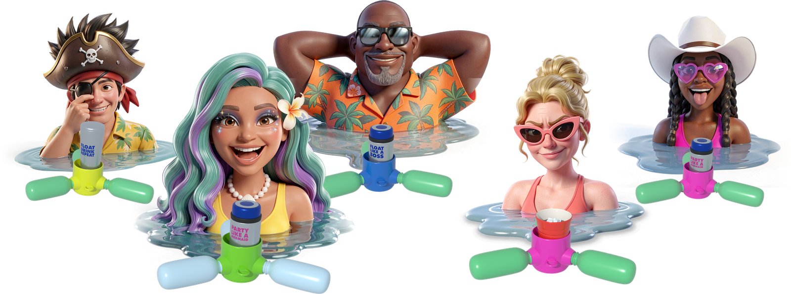 Five cartoon swimmers floating on Thirst Mate drink floats, each with a drink