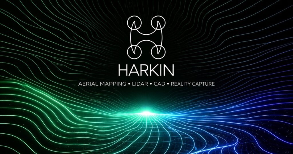 HARKIN Aerial Mapping, LIDAR, CAD and Reality Capture logo over glowing terrain contour lines
