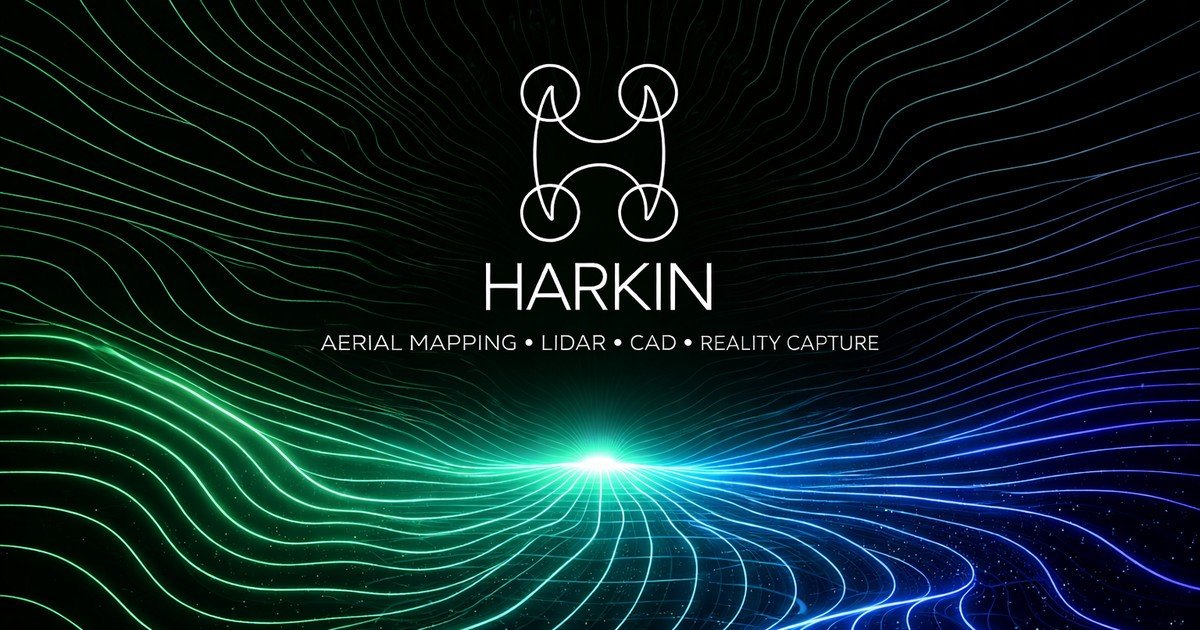 HARKIN Aerial Mapping, LIDAR, CAD and Reality Capture logo over glowing terrain contour lines