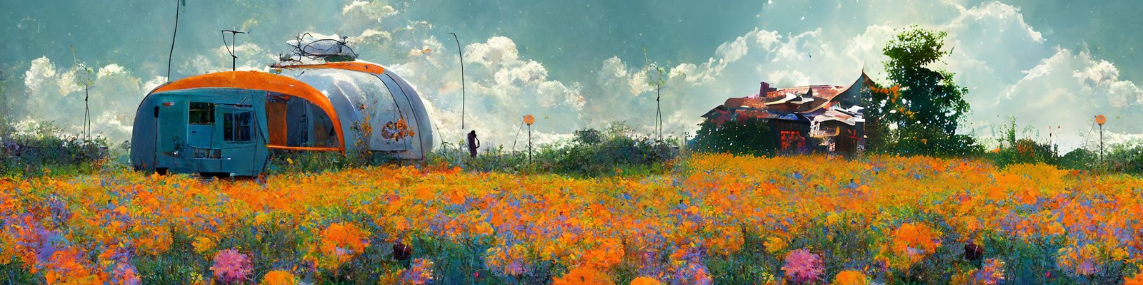 An Airstream trailer parked in a meadow of orange wildflowers