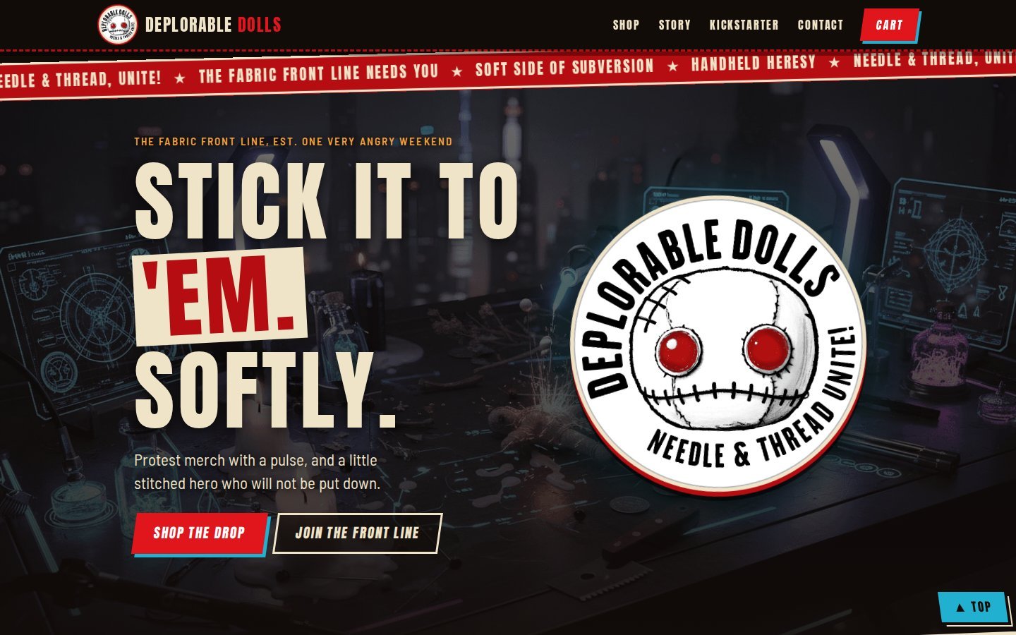The Deplorable Dolls home page: Stick it to em, softly, with the stitched hero doll badge