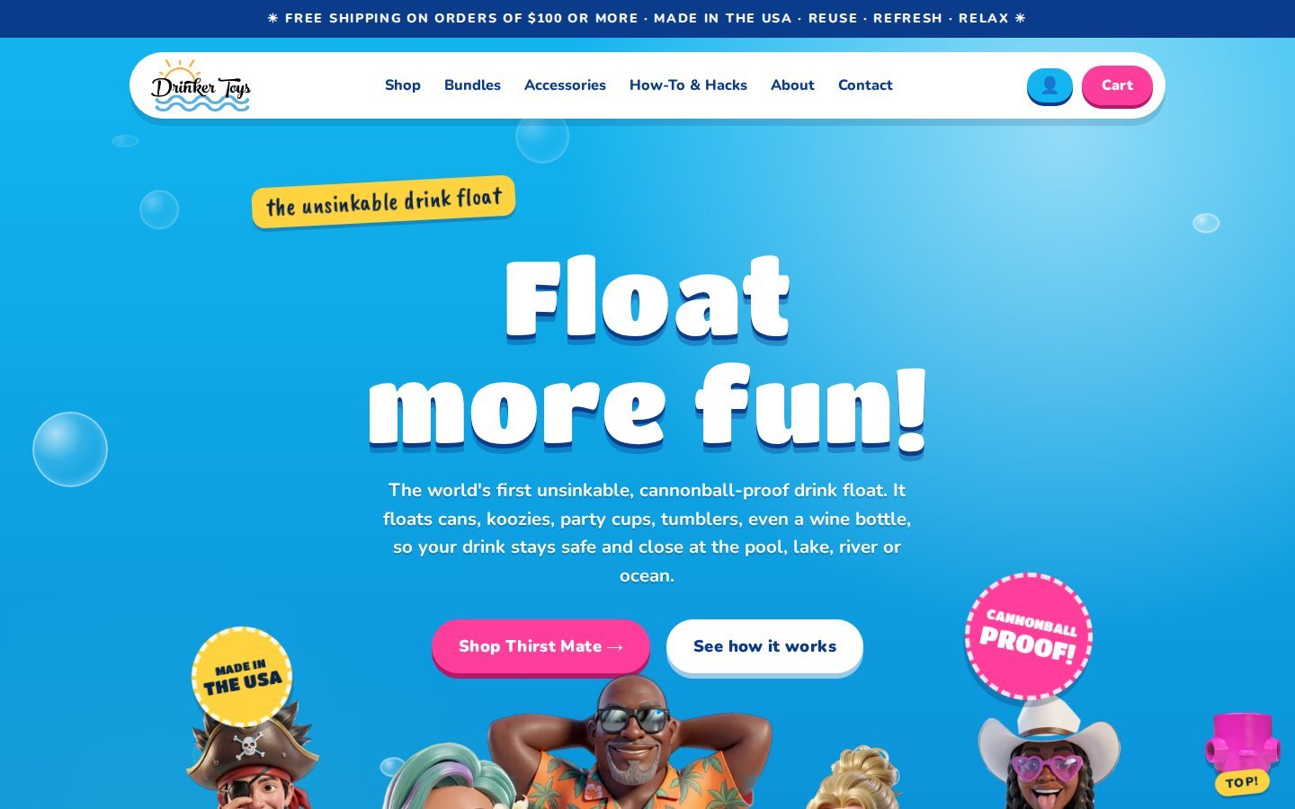 The Drinker Toys home page: Float more fun, the unsinkable drink float