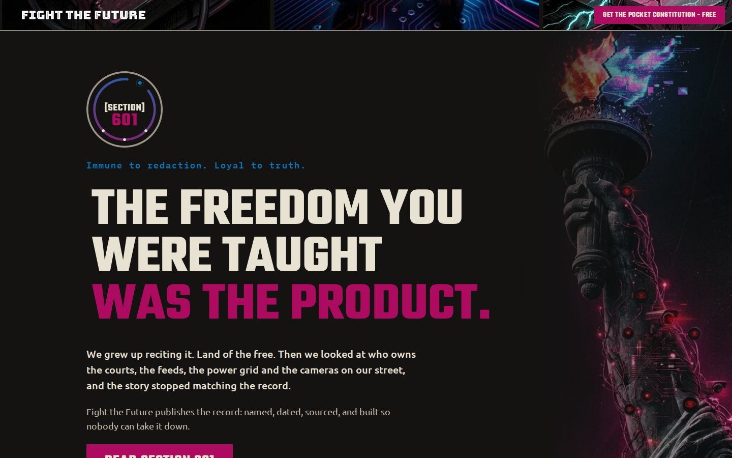 The Fight The Future home page: The freedom you were taught was the product