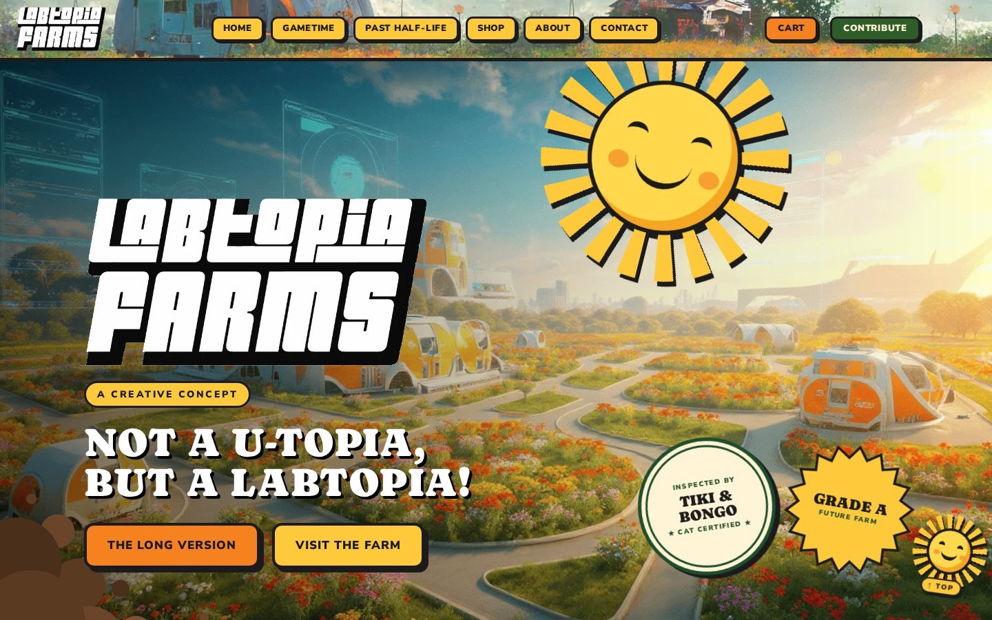 The Labtopia Farms home page: LABTOPIA FARMS logo, a smiling sun and the line Not a U-topia, but a LABTOPIA