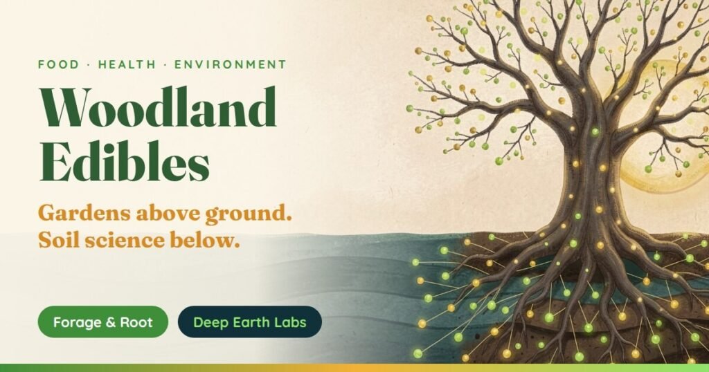 Woodland Edibles: gardens above ground, soil science below, with a tree and its roots